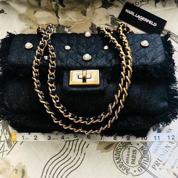 NWT Elegant Karl Lagerfeld Paris Agyness Black Denim Pearl-Embellished Bag - Picture 13 of 13